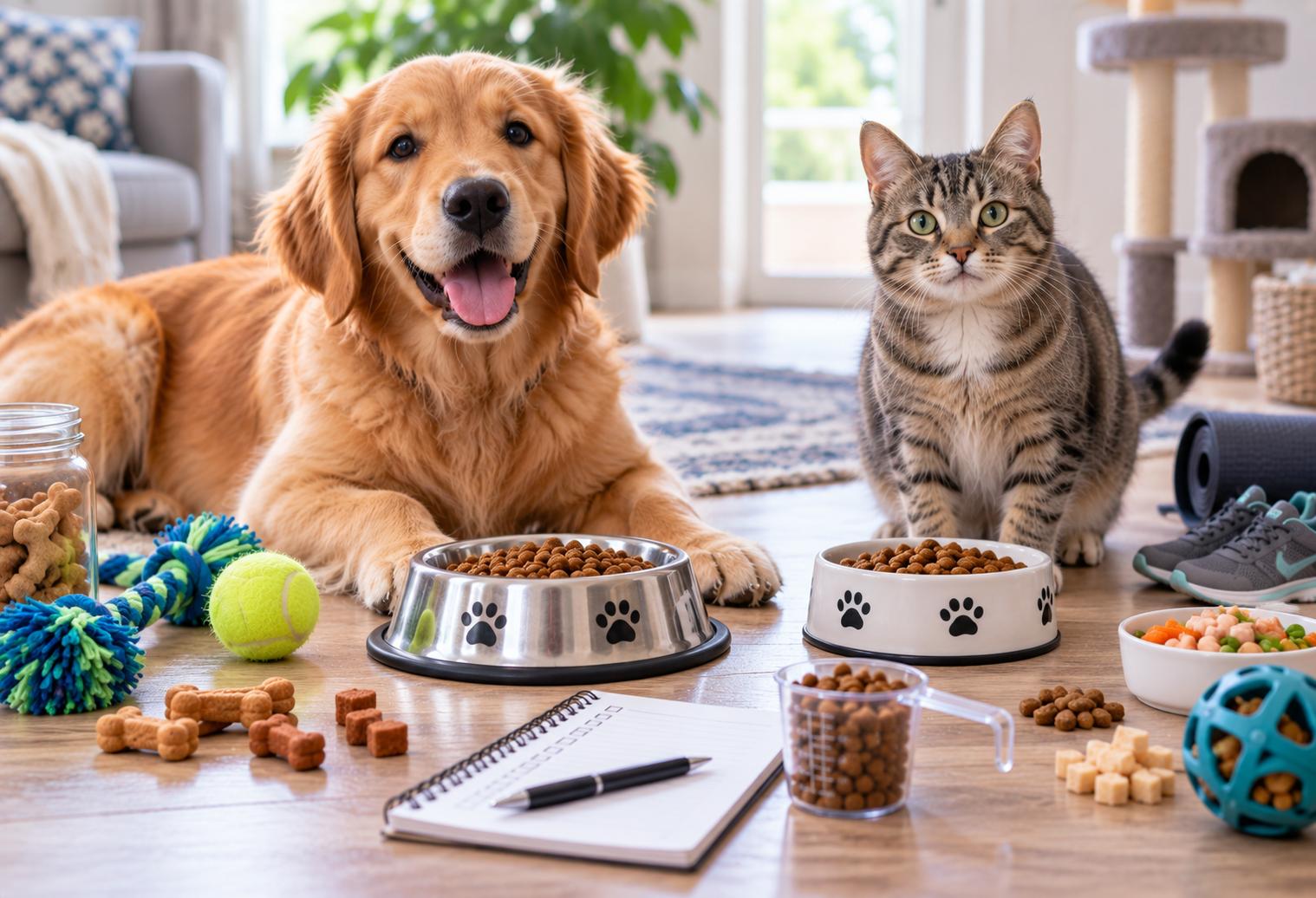 Golden retriever and tabby cat with measured food portions, treats, toys, and activity equipment illustrating healthy pet weight management.